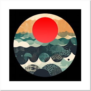 Red sun Japanese Art Inspired Patterned Ocean Posters and Art